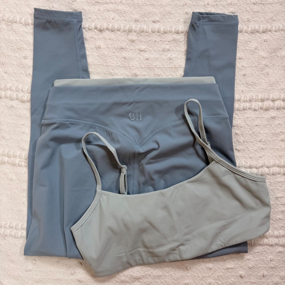 Gold Hinge Womens Activewear Set 2 Tone Blue High Waist Leggings Sports Bra Med.